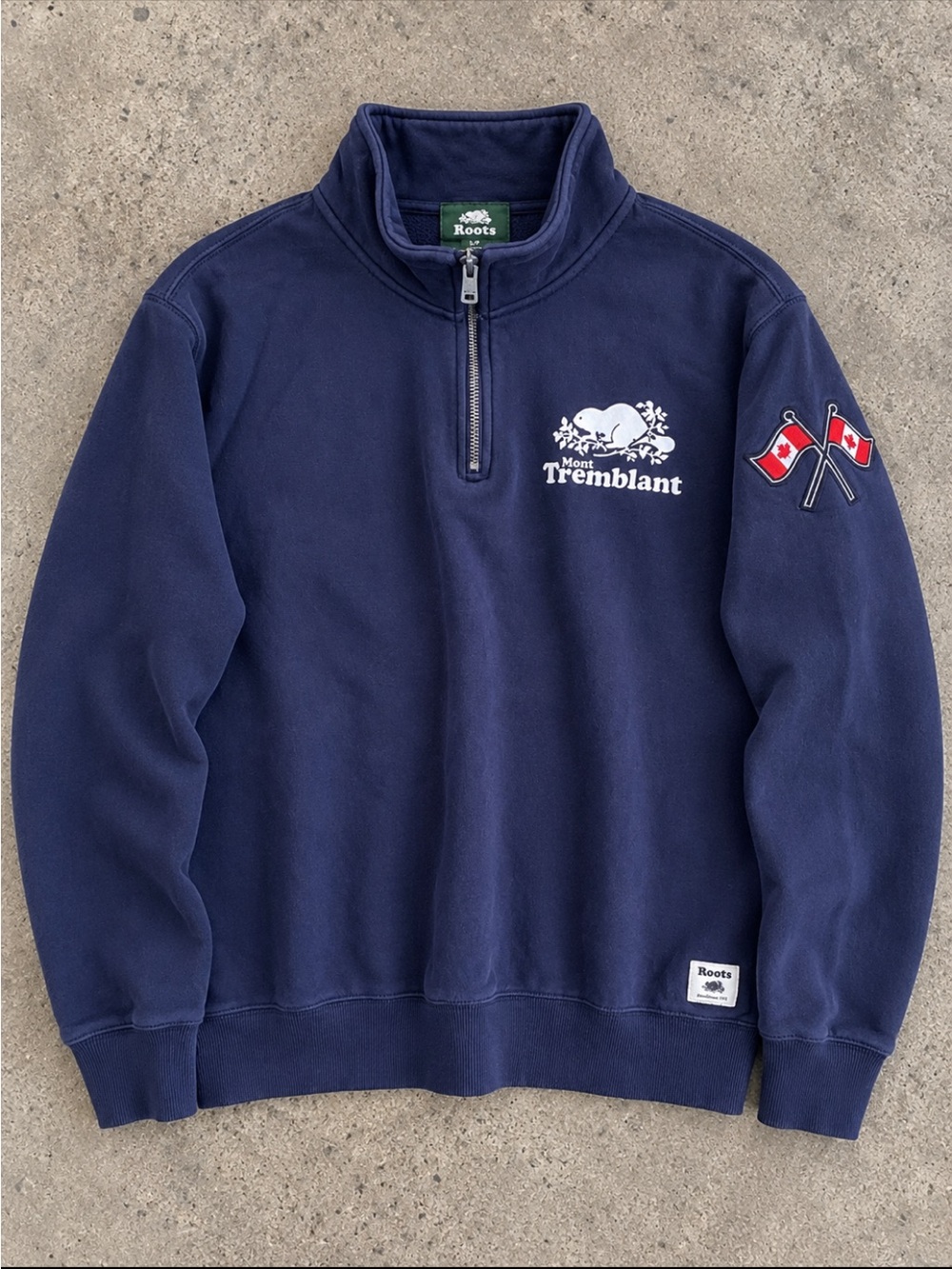 Roots Mont Tremblant Quarter Zip Sweatshirt Men Small Navy Canada Flag Logo FLAW